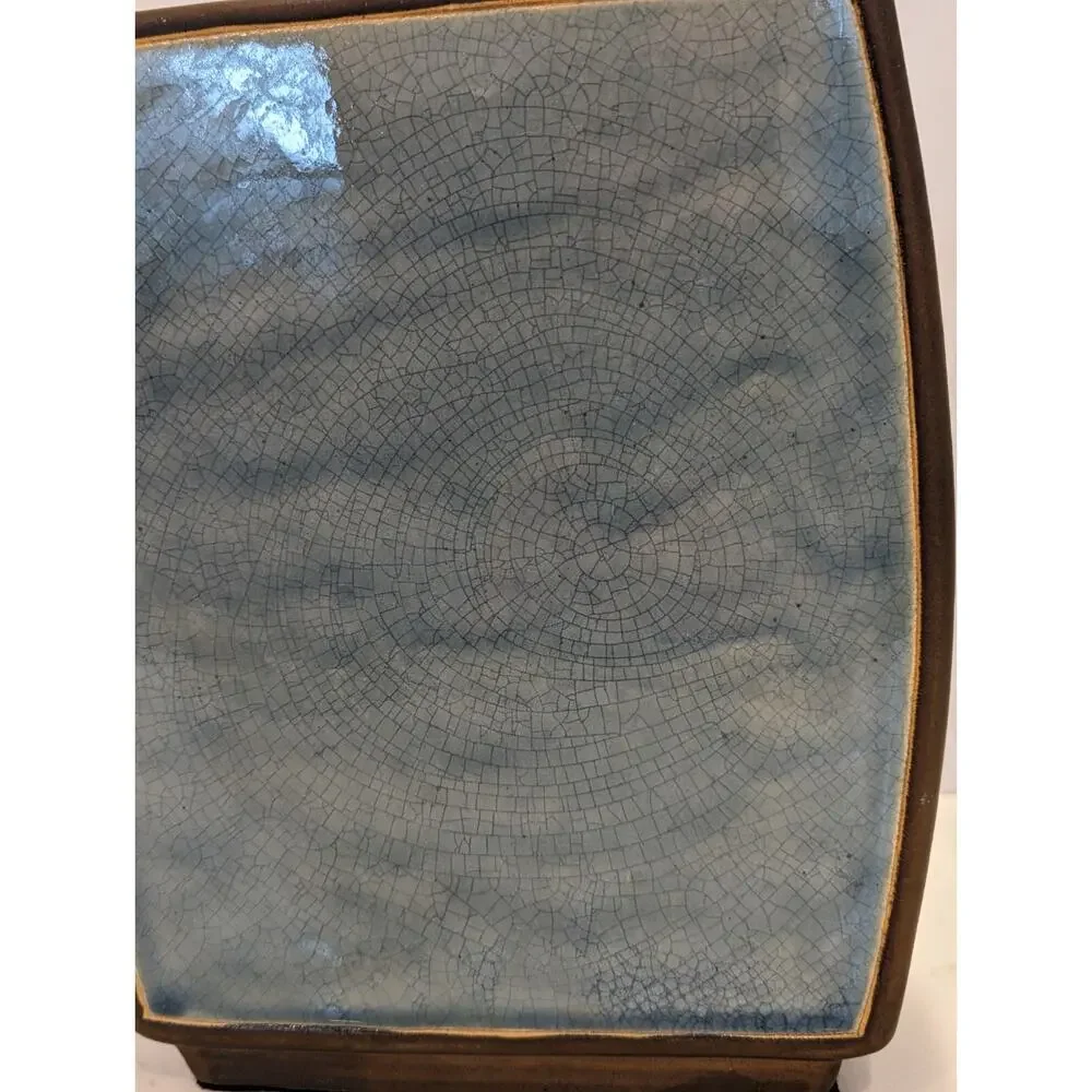 Vase Blue Bronze Thin Rectangle Shape With Thin Neck Crackle Tile Glaze